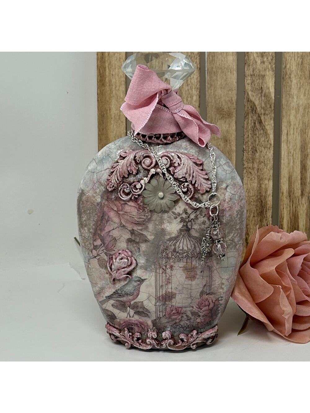 Handcrafted Decorative Pink Floral Bottle with Charm